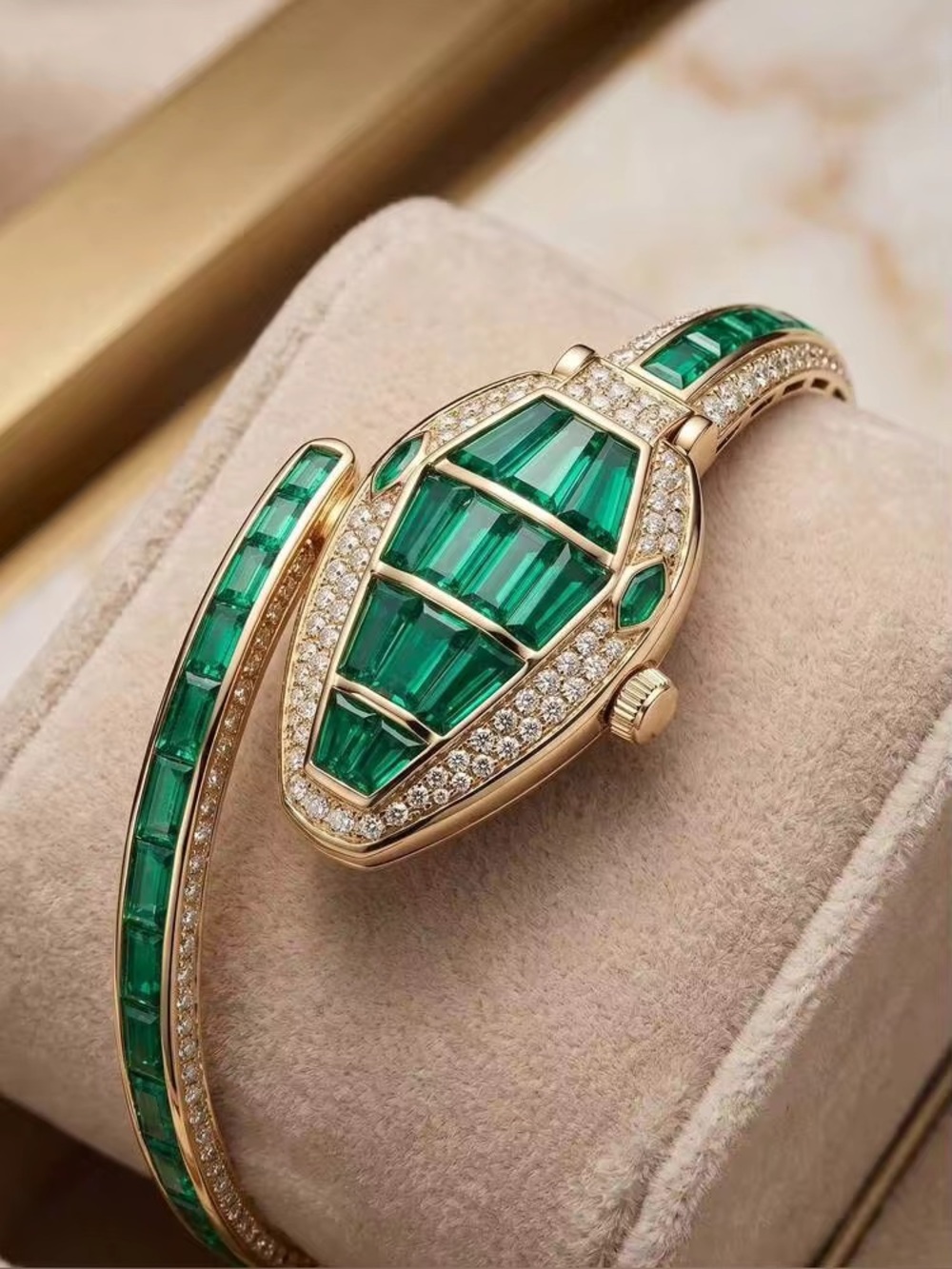 Serpenti Style Emerald Green Crystal Bangle Watch – Gold Tone Quartz Watch - Picture 3 of 11
